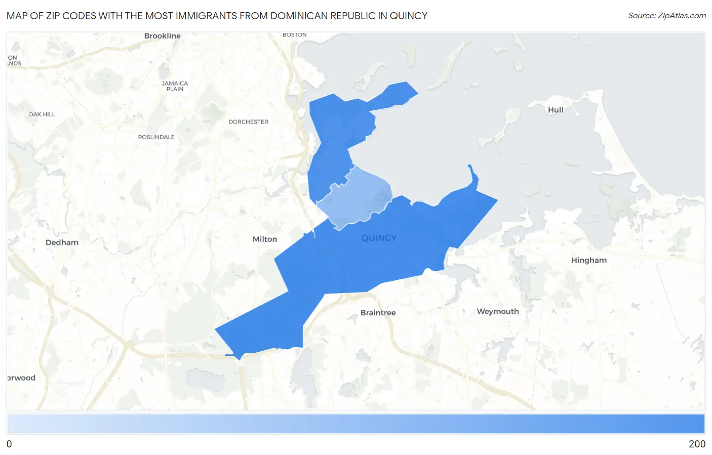Zip Codes with the Most Immigrants from Dominican Republic in Quincy Map
