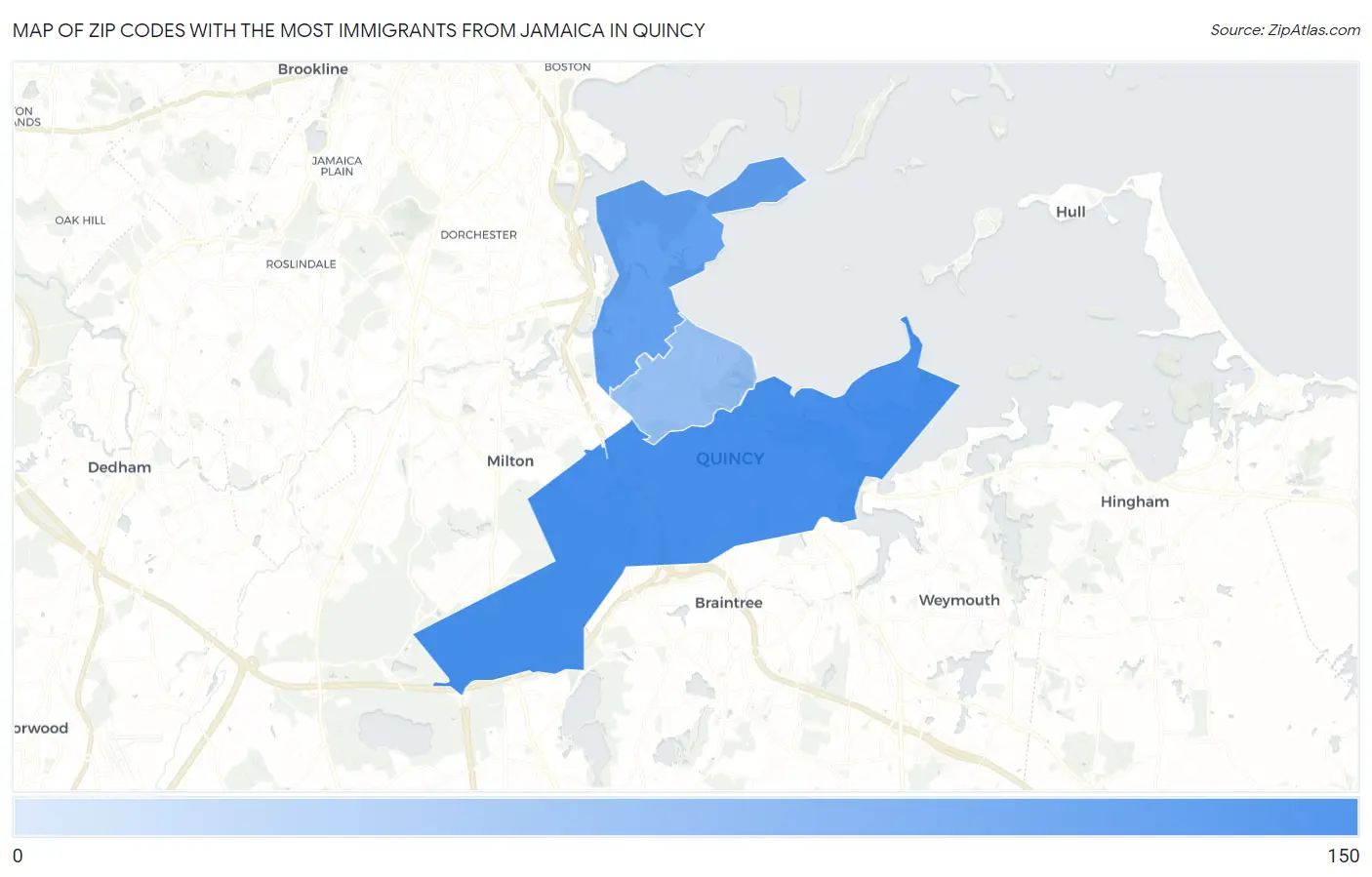 Zip Codes with the Most Immigrants from Jamaica in Quincy Map