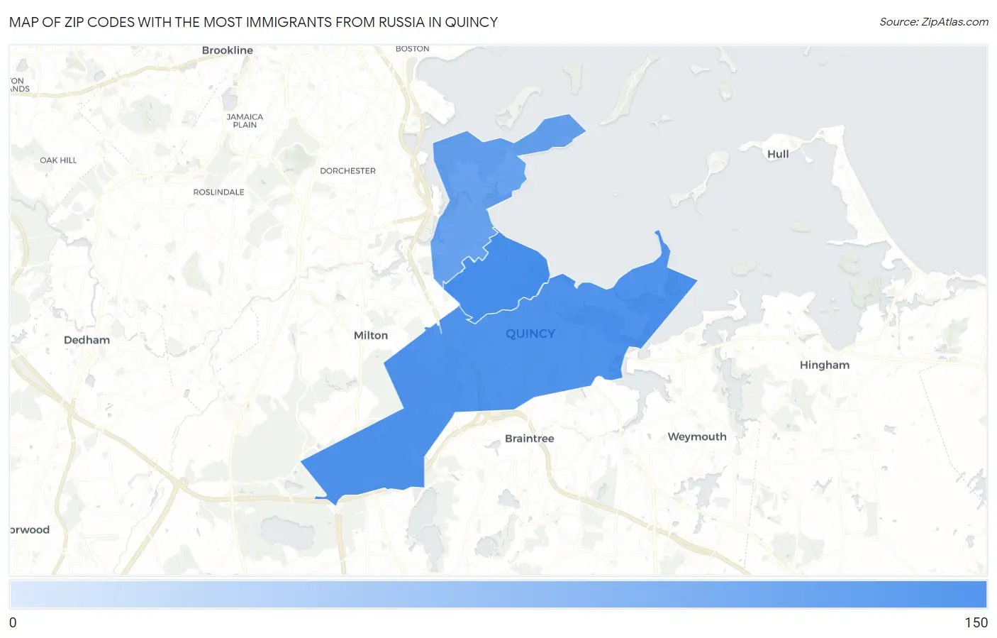 Zip Codes with the Most Immigrants from Russia in Quincy Map