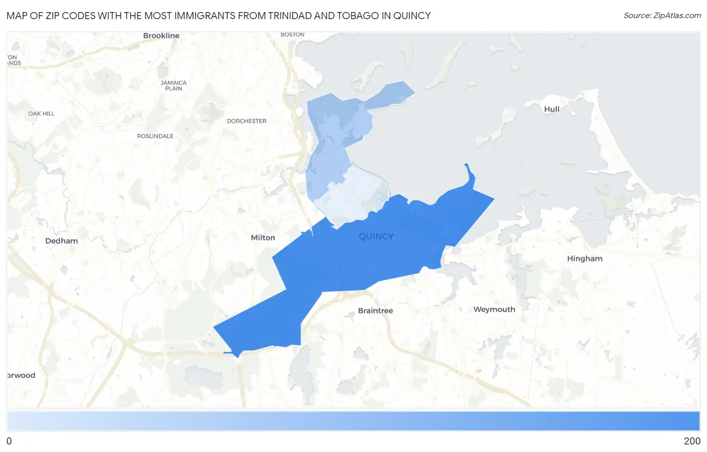 Zip Codes with the Most Immigrants from Trinidad and Tobago in Quincy Map