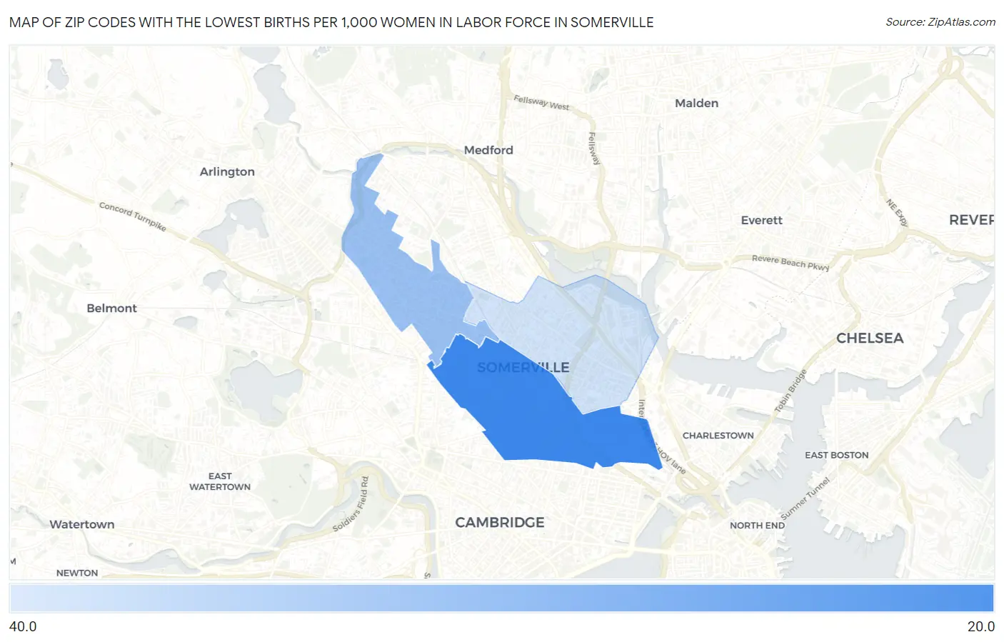 Zip Codes with the Lowest Births per 1,000 Women in Labor Force in Somerville Map