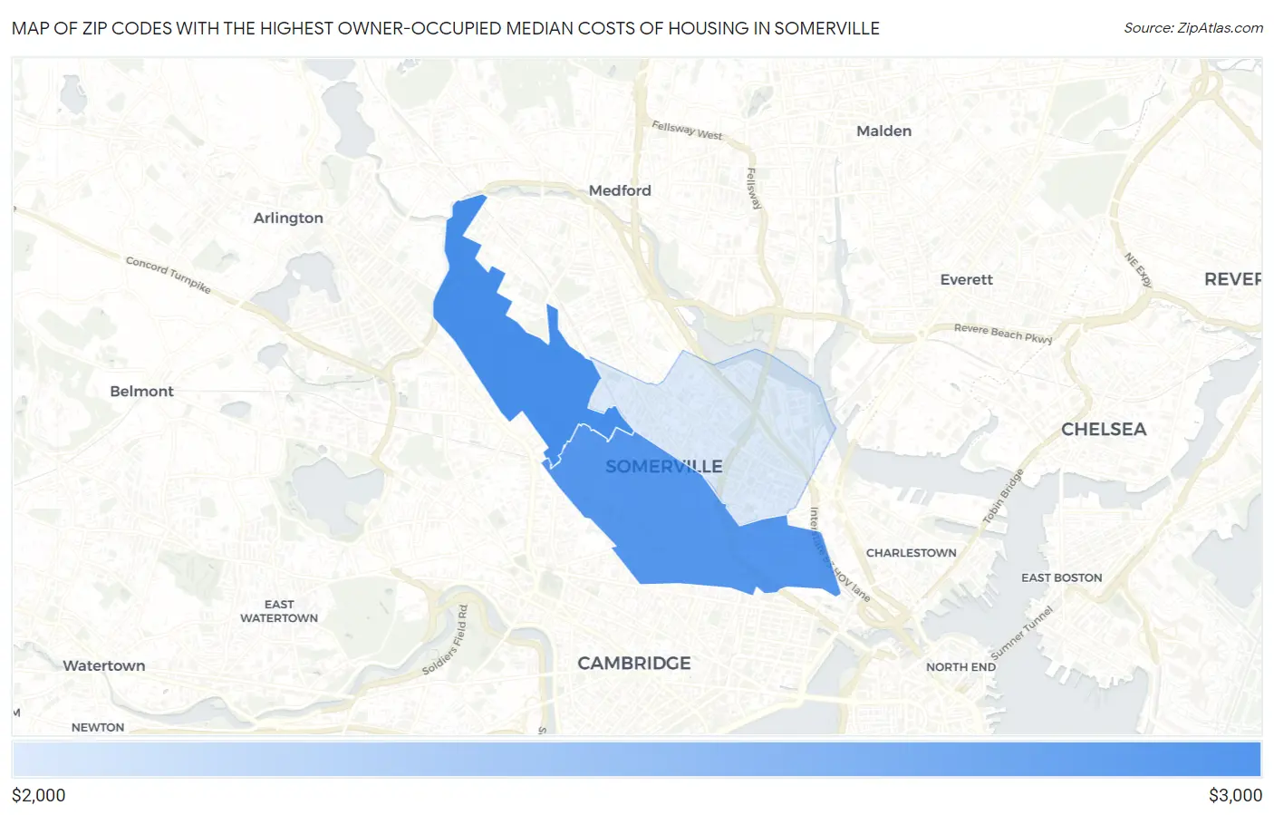 Zip Codes with the Highest Owner-Occupied Median Costs of Housing in Somerville Map