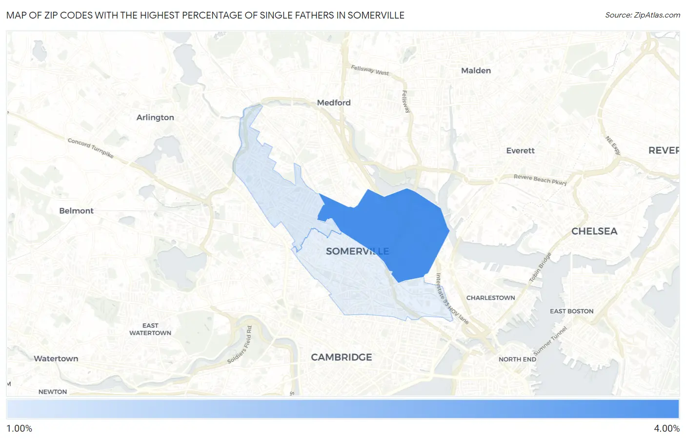 Zip Codes with the Highest Percentage of Single Fathers in Somerville Map