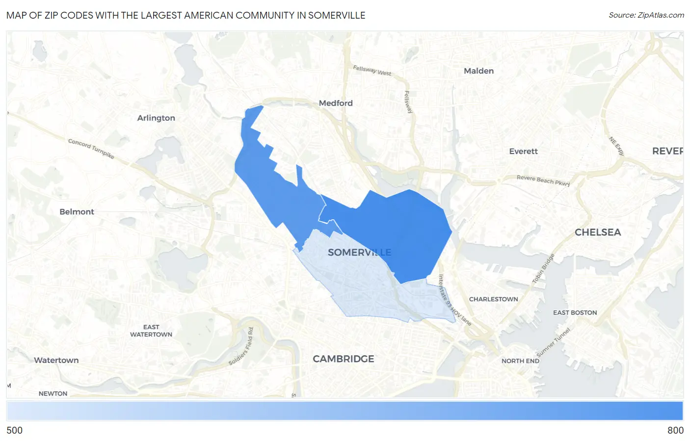 Zip Codes with the Largest American Community in Somerville Map