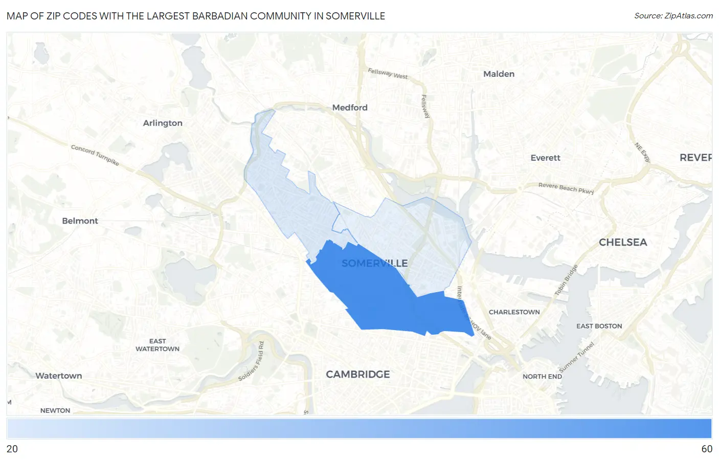Zip Codes with the Largest Barbadian Community in Somerville Map