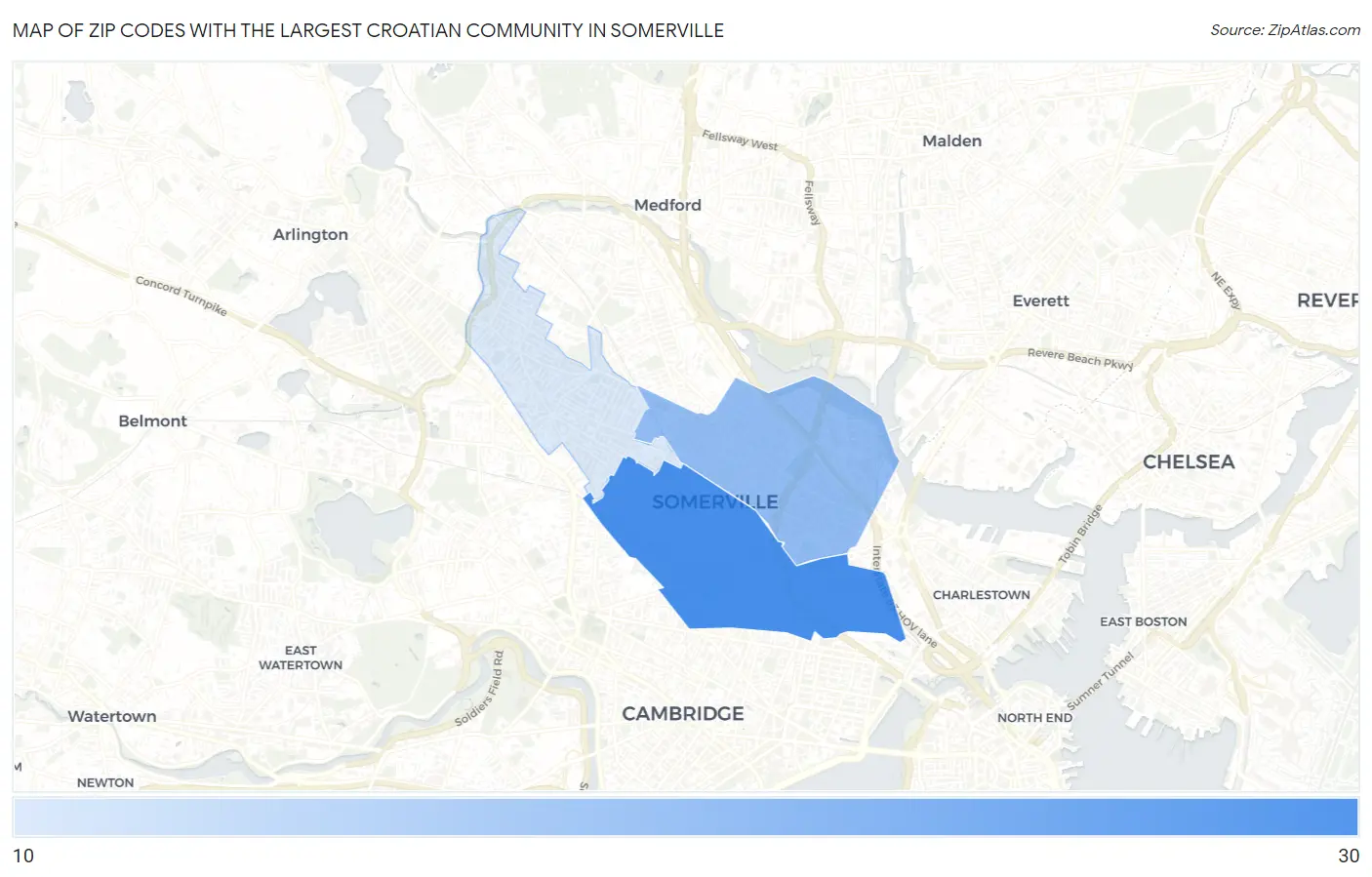 Zip Codes with the Largest Croatian Community in Somerville Map