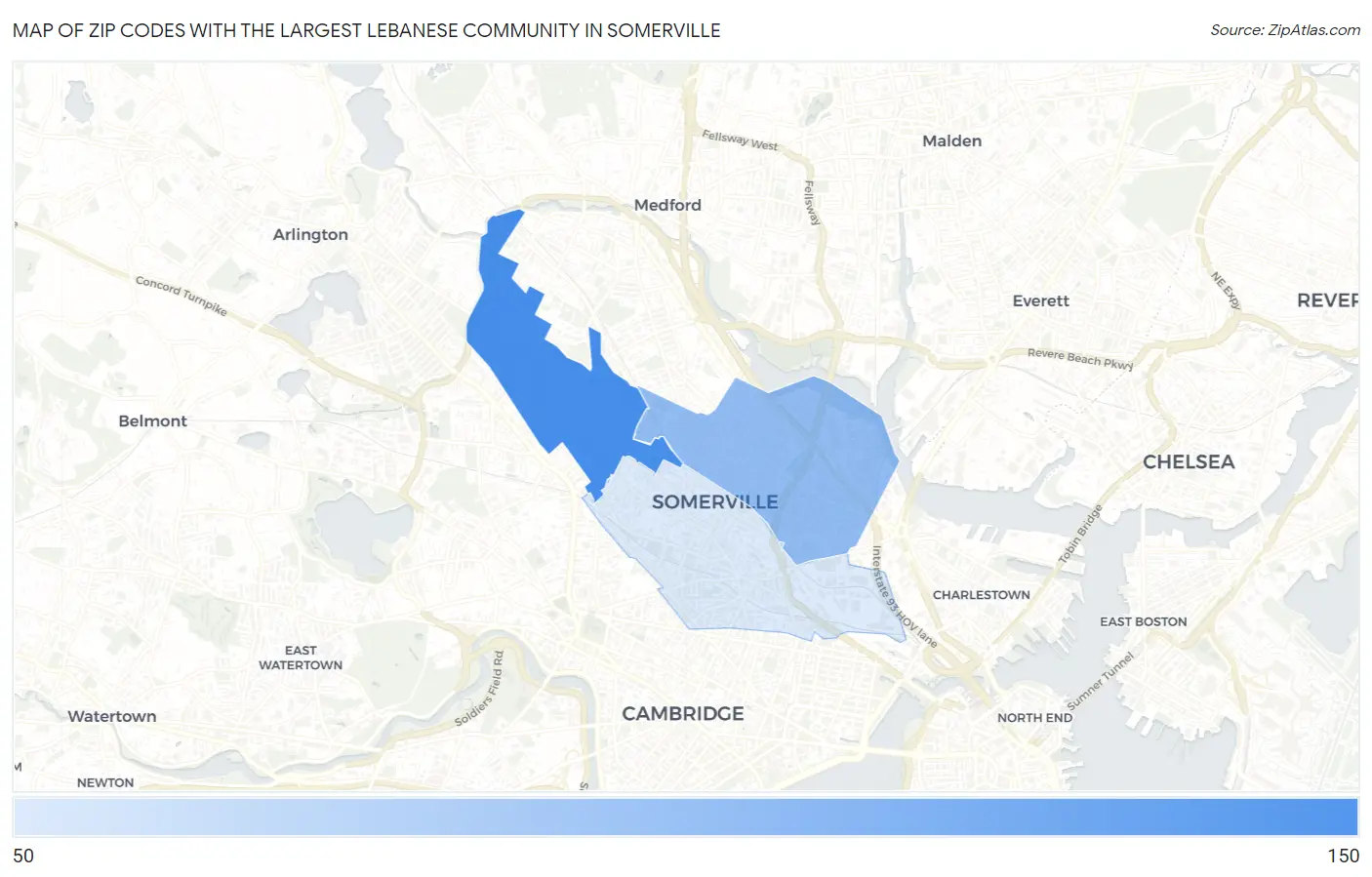 Zip Codes with the Largest Lebanese Community in Somerville Map