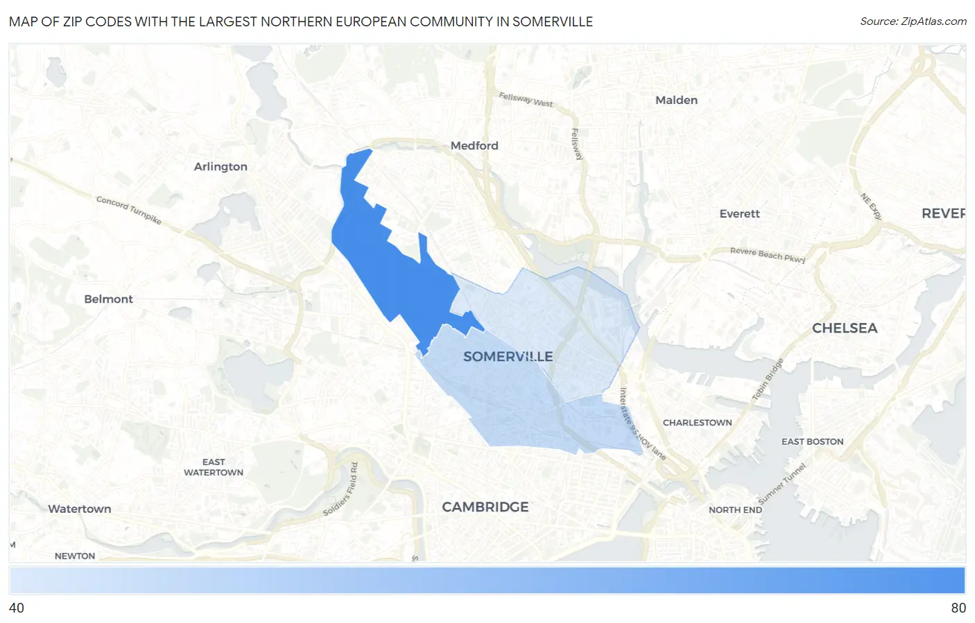 Zip Codes with the Largest Northern European Community in Somerville Map