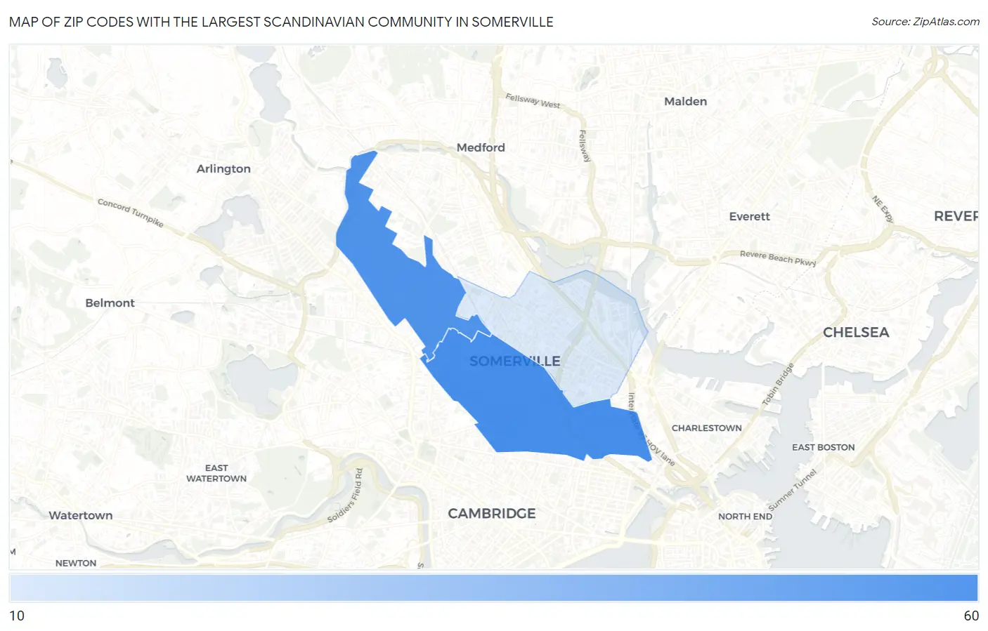 Zip Codes with the Largest Scandinavian Community in Somerville Map