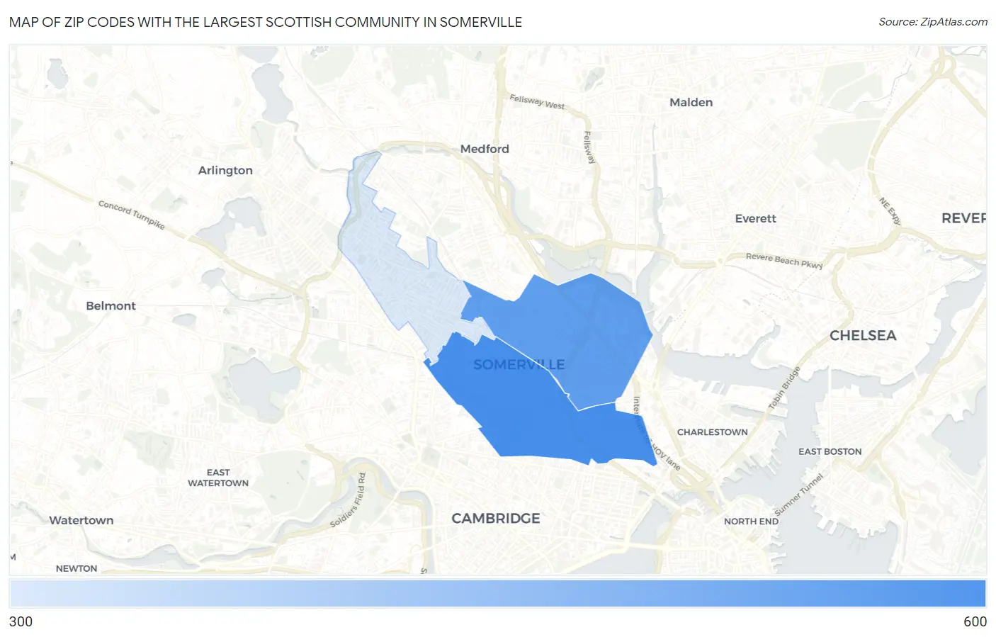 Zip Codes with the Largest Scottish Community in Somerville Map