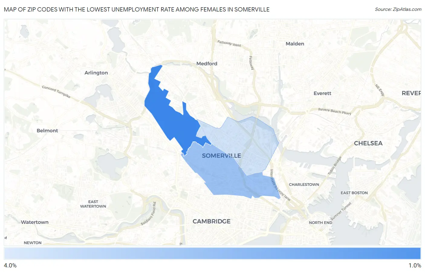 Zip Codes with the Lowest Unemployment Rate Among Females in Somerville Map