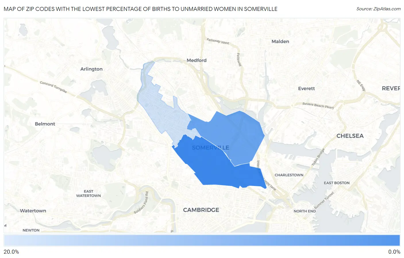 Zip Codes with the Lowest Percentage of Births to Unmarried Women in Somerville Map