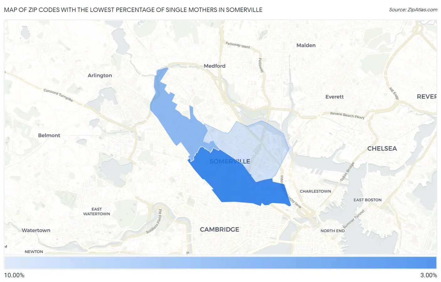 Zip Codes with the Lowest Percentage of Single Mothers in Somerville Map
