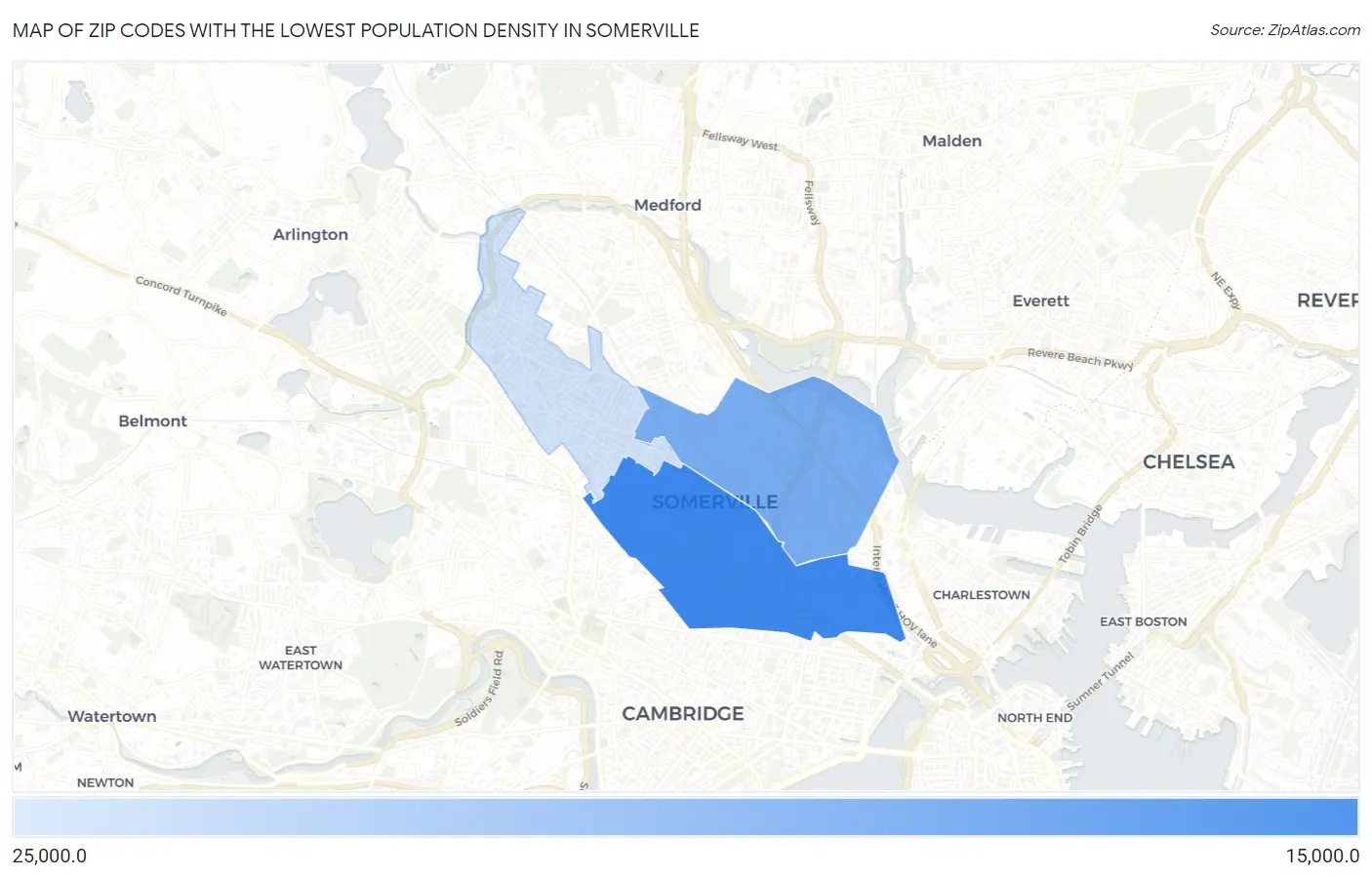 Zip Codes with the Lowest Population Density in Somerville Map