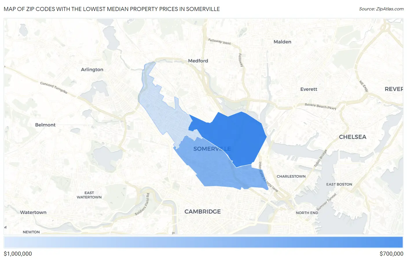 Zip Codes with the Lowest Median Property Prices in Somerville Map