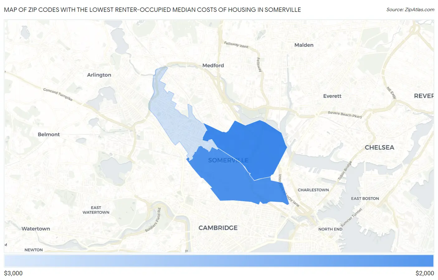 Zip Codes with the Lowest Renter-Occupied Median Costs of Housing in Somerville Map