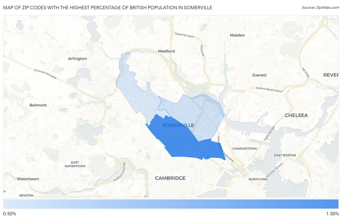 Zip Codes with the Highest Percentage of British Population in Somerville Map