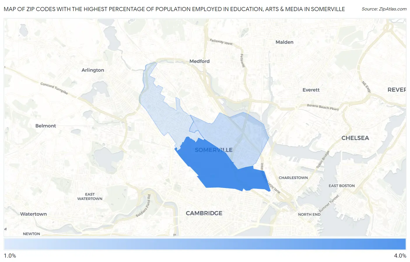 Zip Codes with the Highest Percentage of Population Employed in Education, Arts & Media in Somerville Map