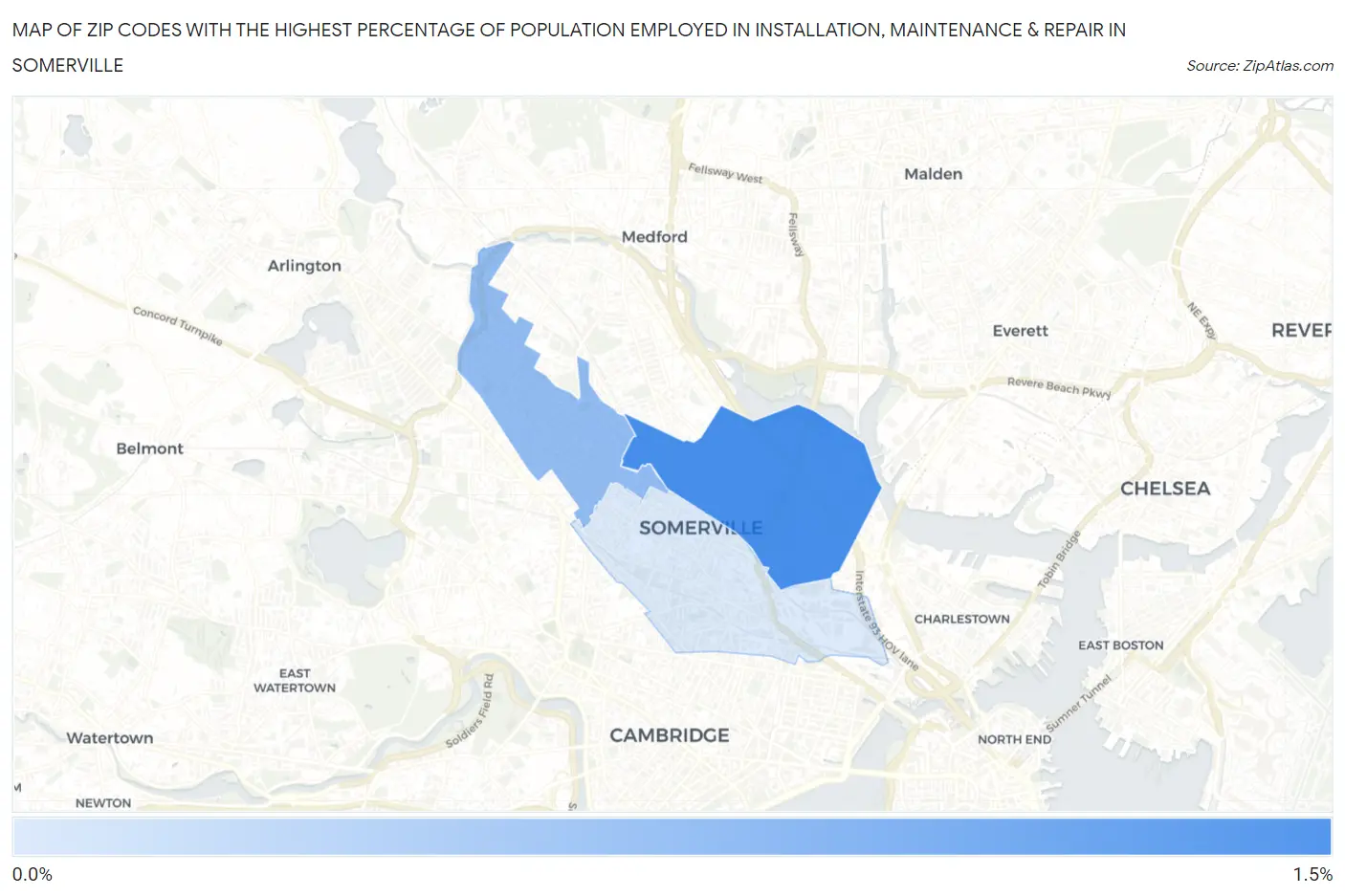 Zip Codes with the Highest Percentage of Population Employed in Installation, Maintenance & Repair in Somerville Map