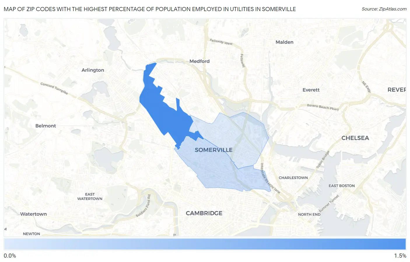 Zip Codes with the Highest Percentage of Population Employed in Utilities in Somerville Map