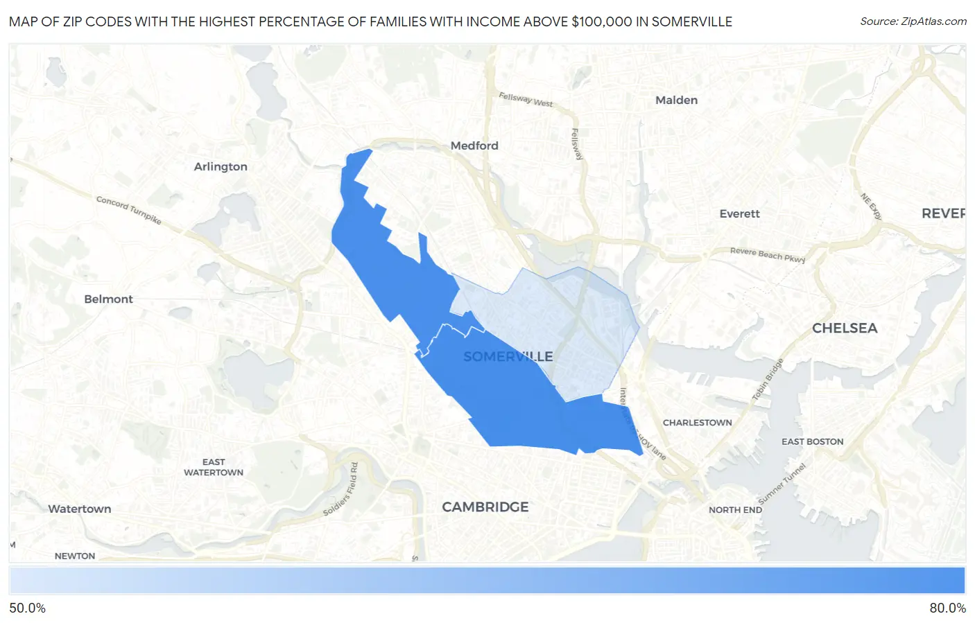 Zip Codes with the Highest Percentage of Families with Income Above $100,000 in Somerville Map