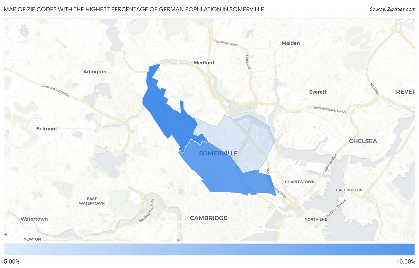 Zip Codes with the Highest Percentage of German Population in Somerville Map