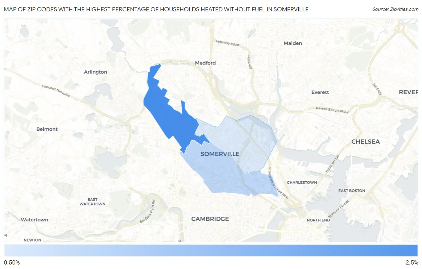 Zip Codes with the Highest Percentage of Households Heated without Fuel in Somerville Map