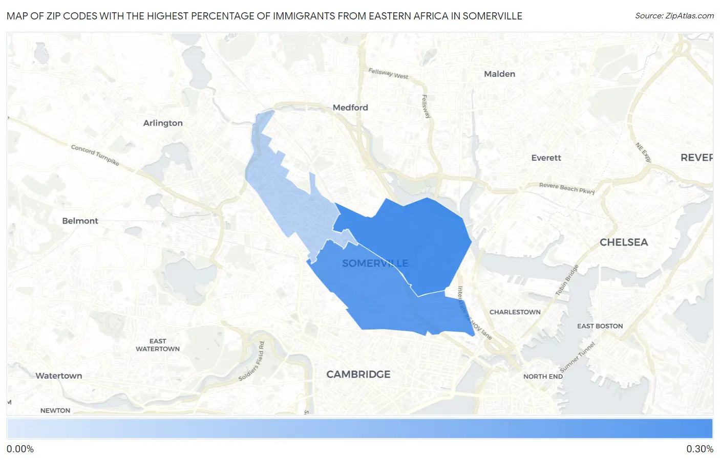 Zip Codes with the Highest Percentage of Immigrants from Eastern Africa in Somerville Map