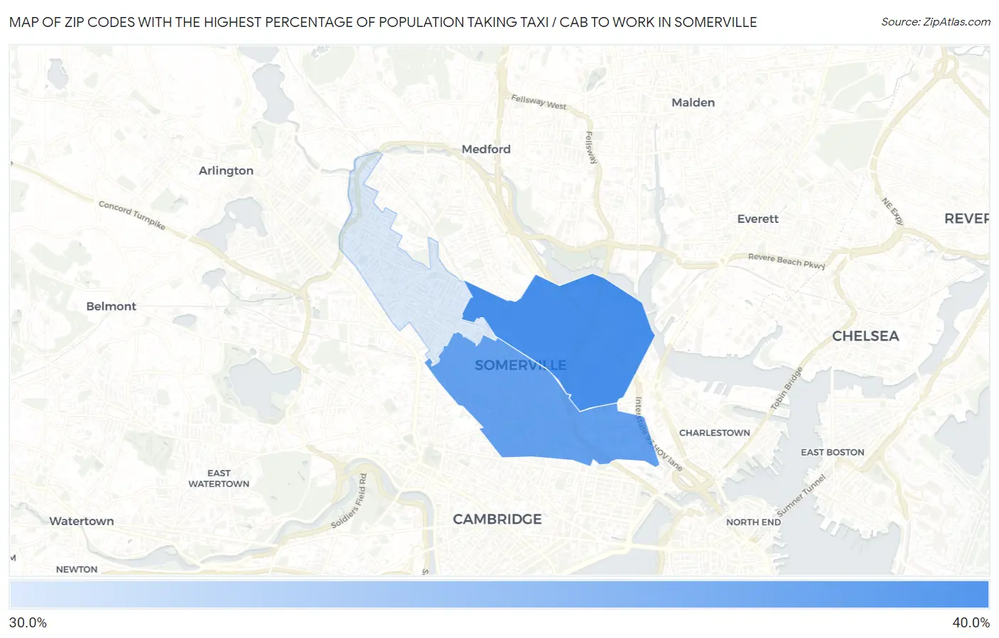 Zip Codes with the Highest Percentage of Population Taking Taxi / Cab to Work in Somerville Map