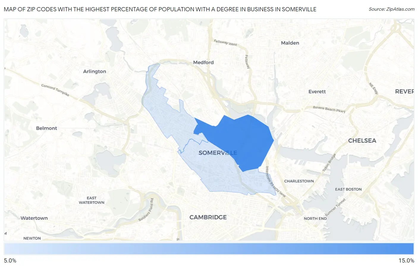 Zip Codes with the Highest Percentage of Population with a Degree in Business in Somerville Map