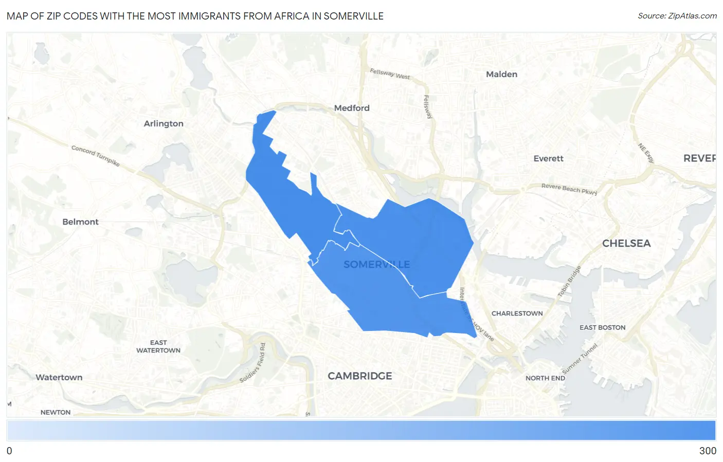 Zip Codes with the Most Immigrants from Africa in Somerville Map