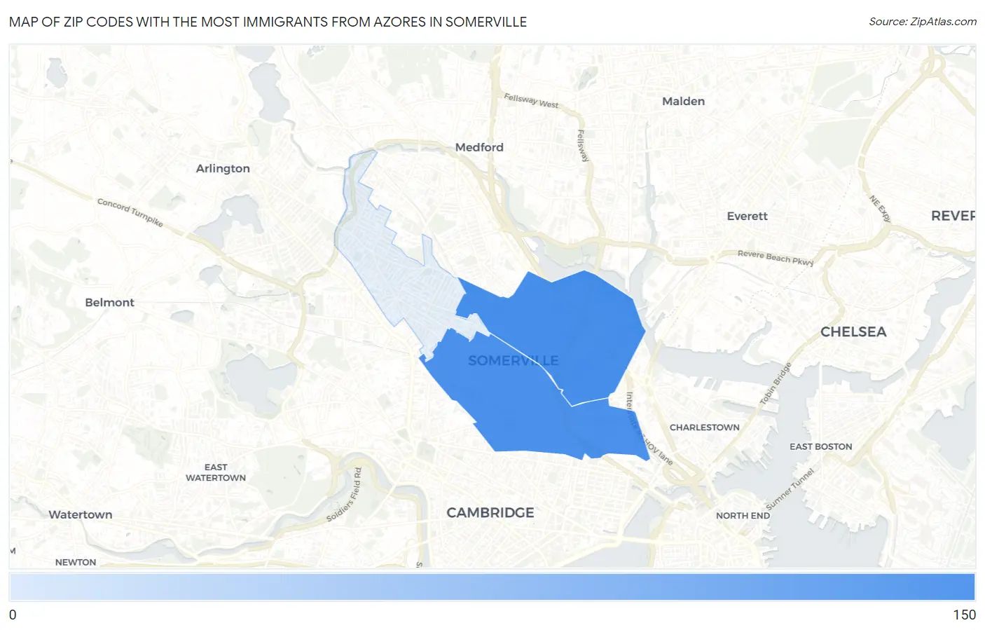 Zip Codes with the Most Immigrants from Azores in Somerville Map