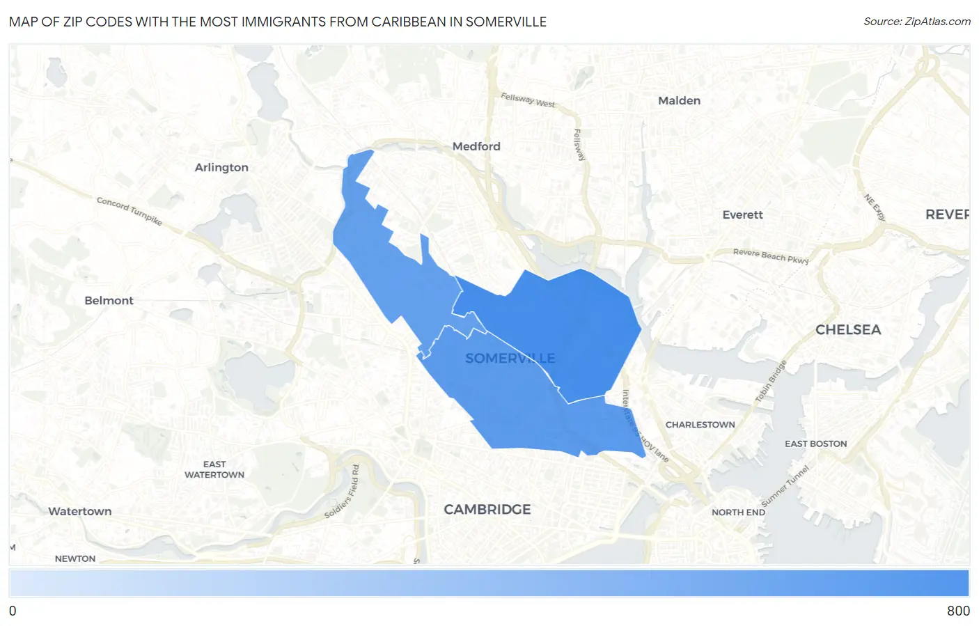 Zip Codes with the Most Immigrants from Caribbean in Somerville Map