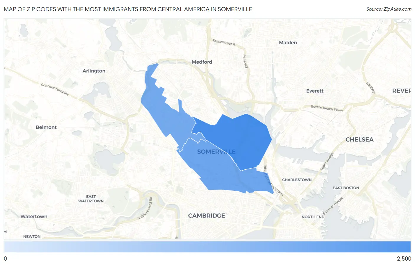Zip Codes with the Most Immigrants from Central America in Somerville Map