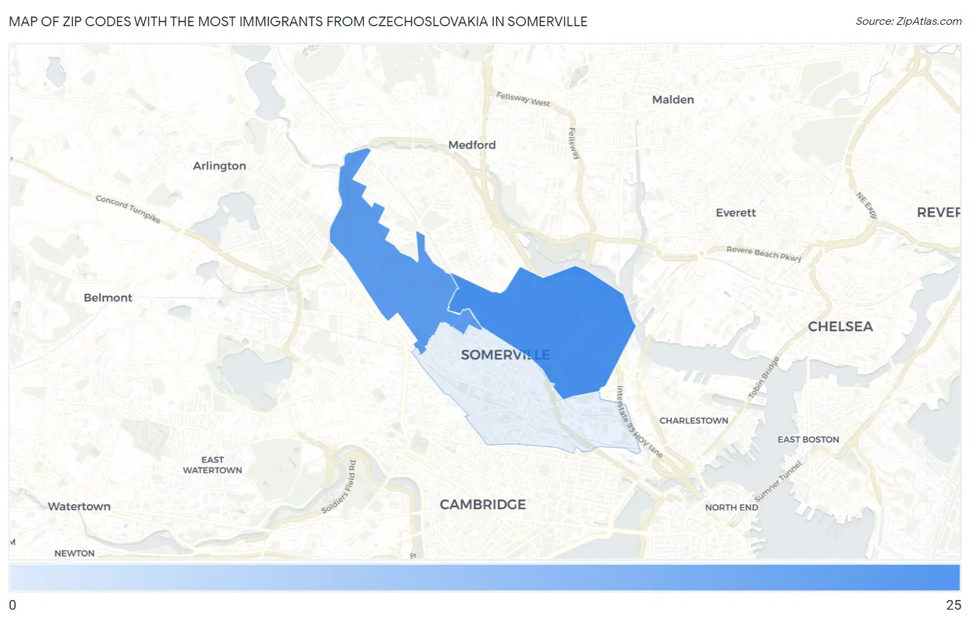Zip Codes with the Most Immigrants from Czechoslovakia in Somerville Map
