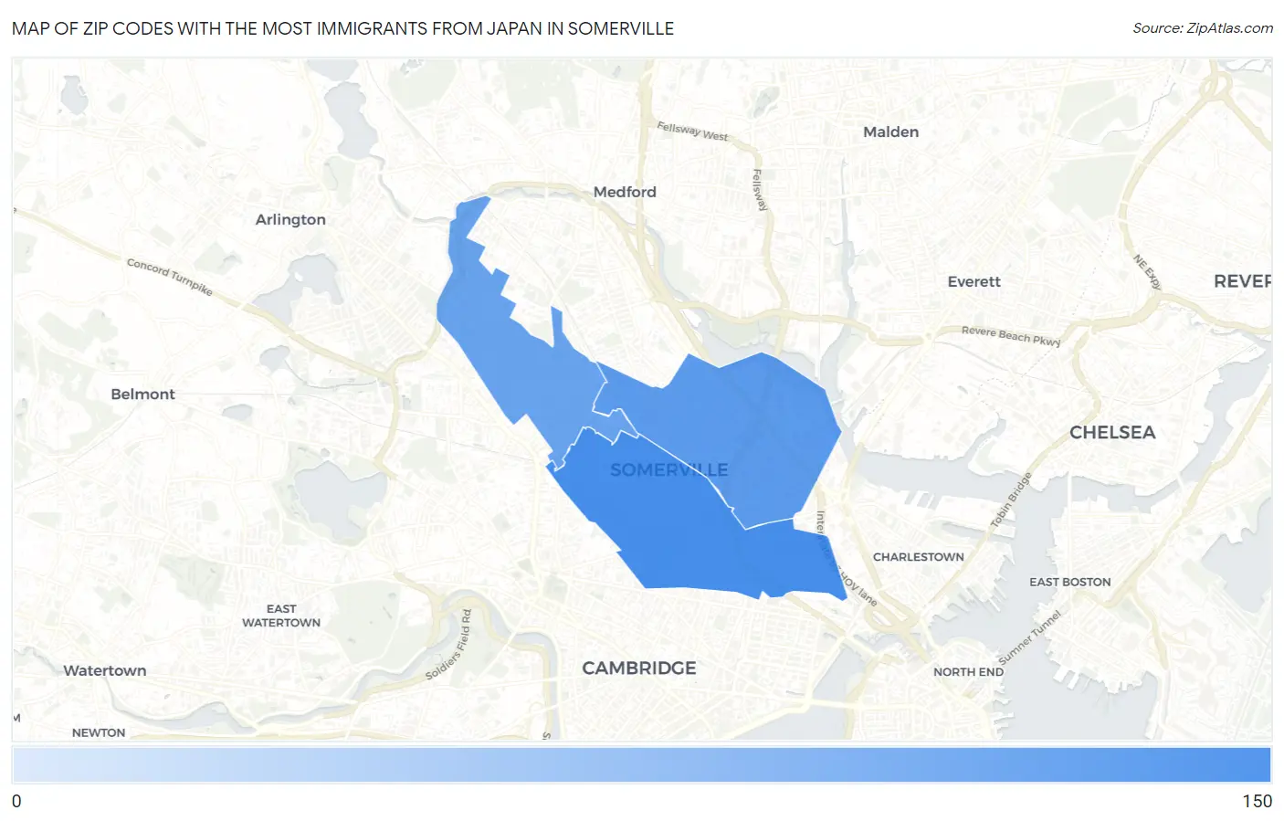 Zip Codes with the Most Immigrants from Japan in Somerville Map