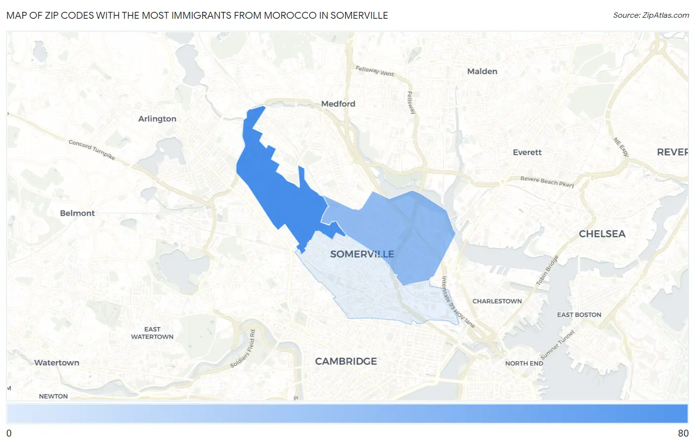 Zip Codes with the Most Immigrants from Morocco in Somerville Map