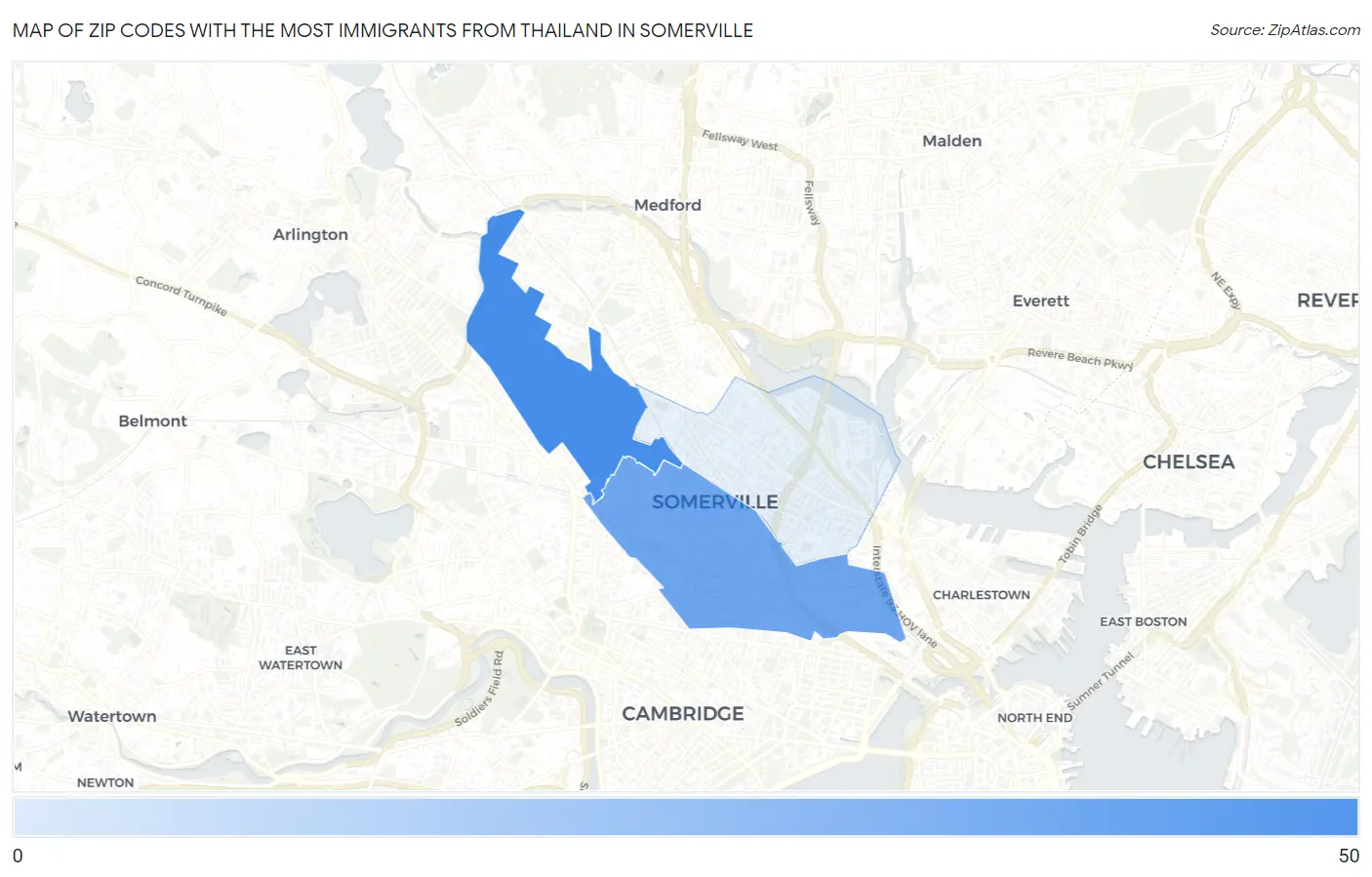 Zip Codes with the Most Immigrants from Thailand in Somerville Map