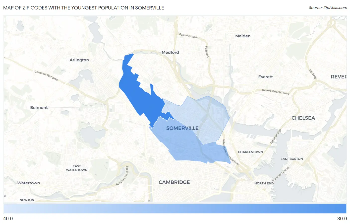Zip Codes with the Youngest Population in Somerville Map