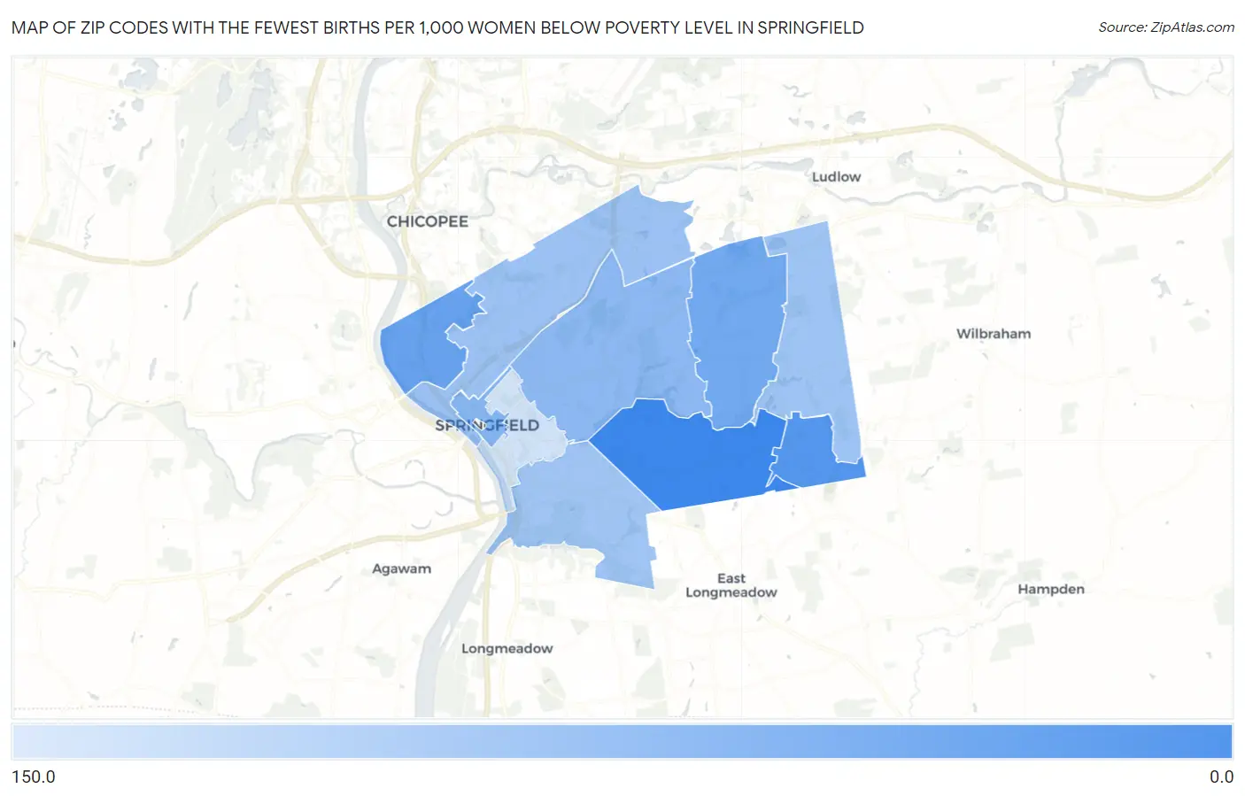 Zip Codes with the Fewest Births per 1,000 Women Below Poverty Level in Springfield Map