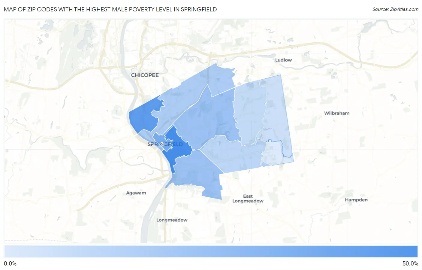 Zip Codes with the Highest Male Poverty Level in Springfield Map