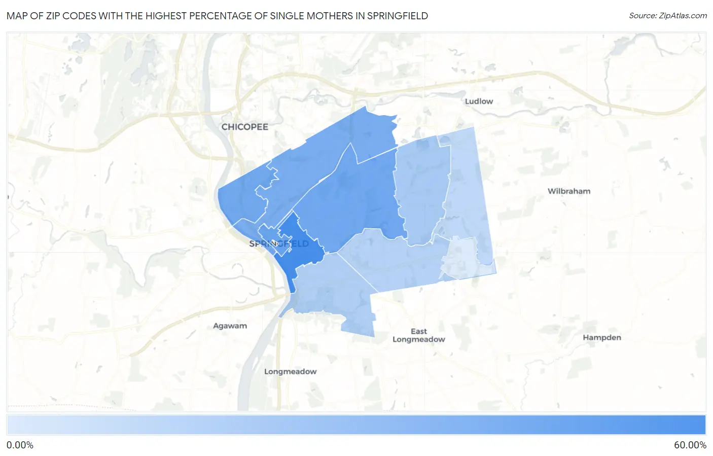 Zip Codes with the Highest Percentage of Single Mothers in Springfield Map
