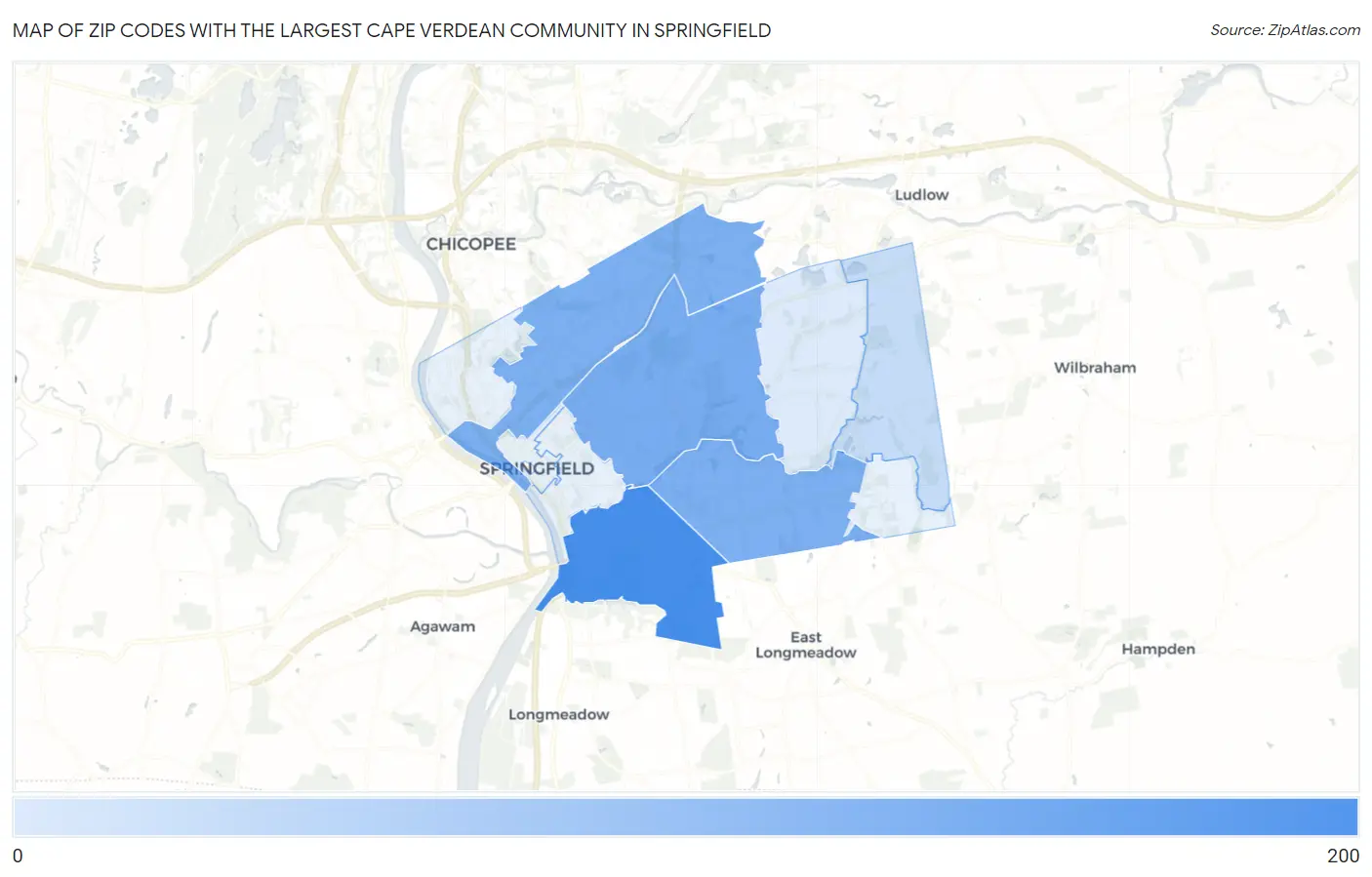 Zip Codes with the Largest Cape Verdean Community in Springfield Map