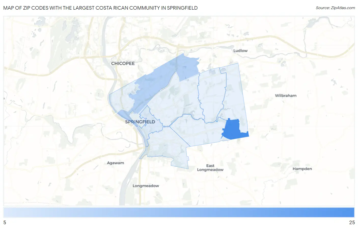 Zip Codes with the Largest Costa Rican Community in Springfield Map