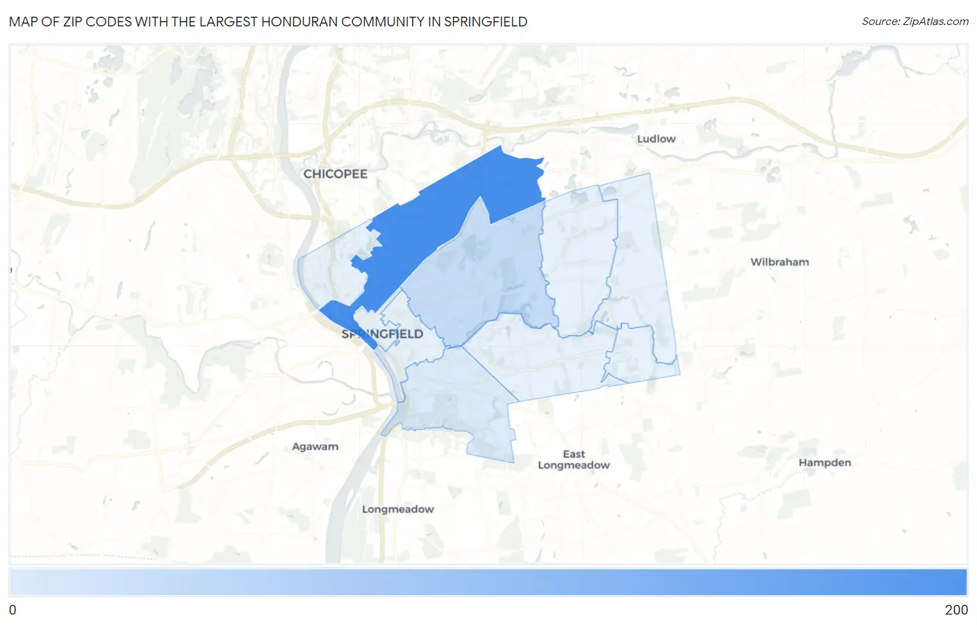 Zip Codes with the Largest Honduran Community in Springfield Map