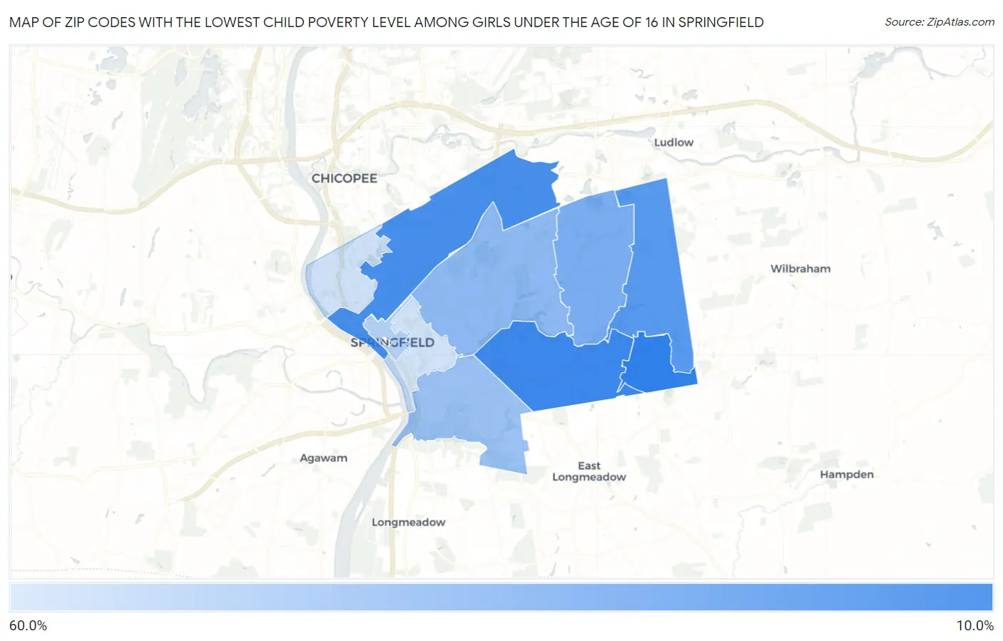 Zip Codes with the Lowest Child Poverty Level Among Girls Under the Age of 16 in Springfield Map