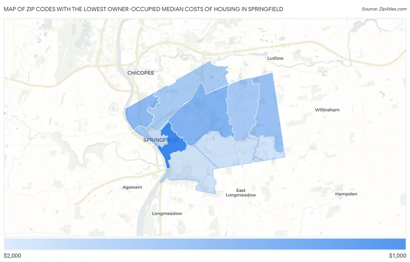 Zip Codes with the Lowest Owner-Occupied Median Costs of Housing in Springfield Map