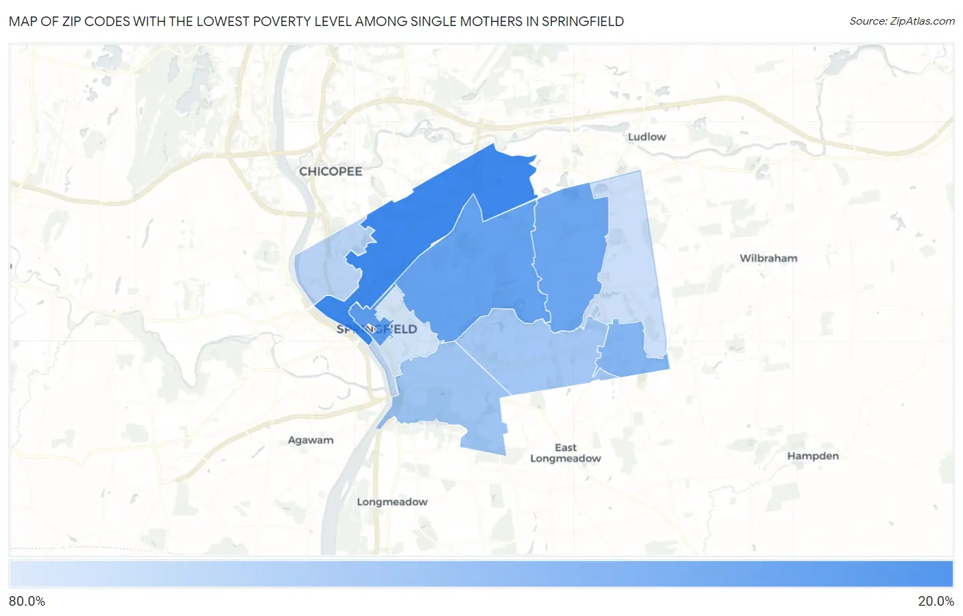 Zip Codes with the Lowest Poverty Level Among Single Mothers in Springfield Map