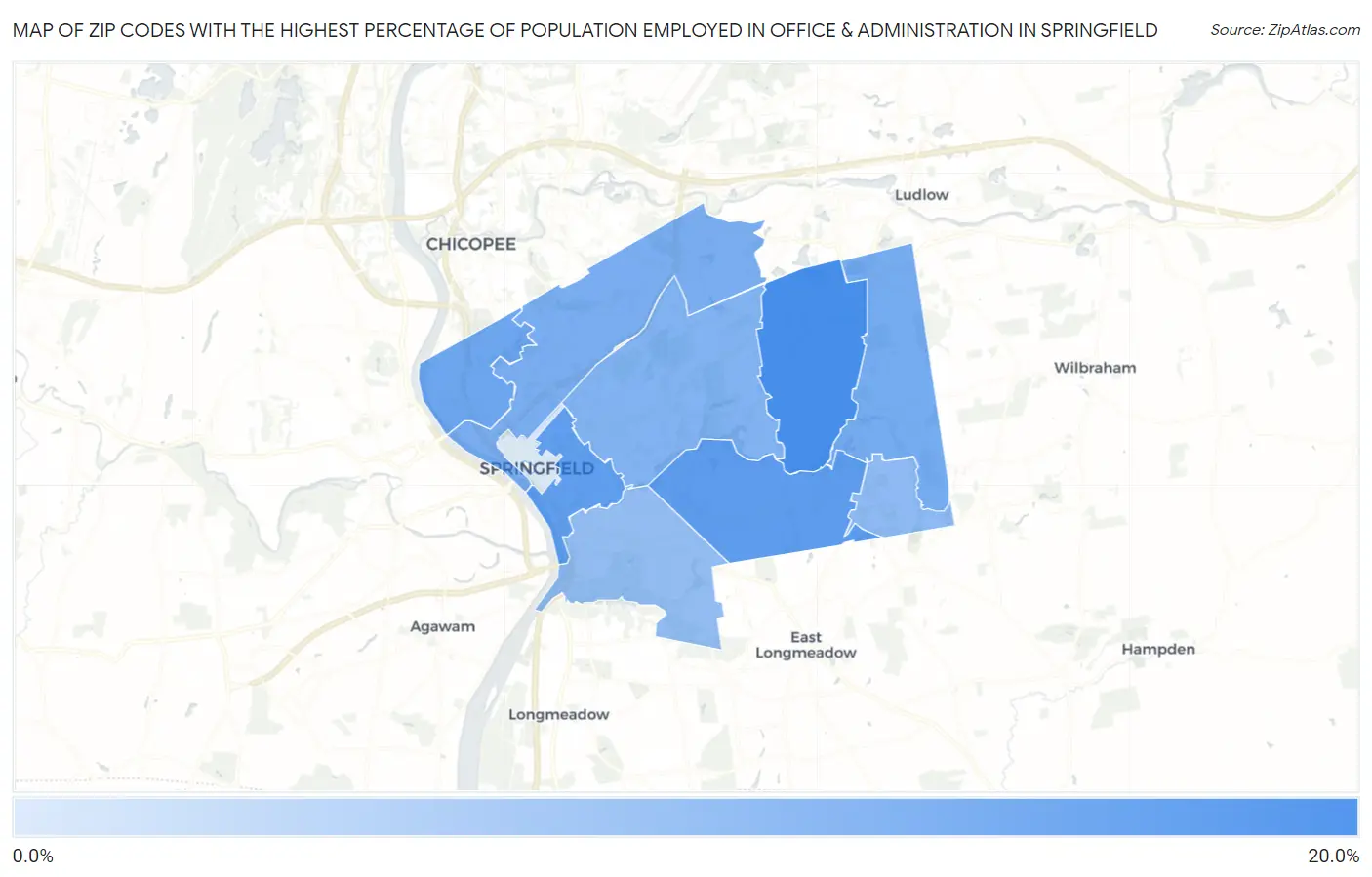 Zip Codes with the Highest Percentage of Population Employed in Office & Administration in Springfield Map