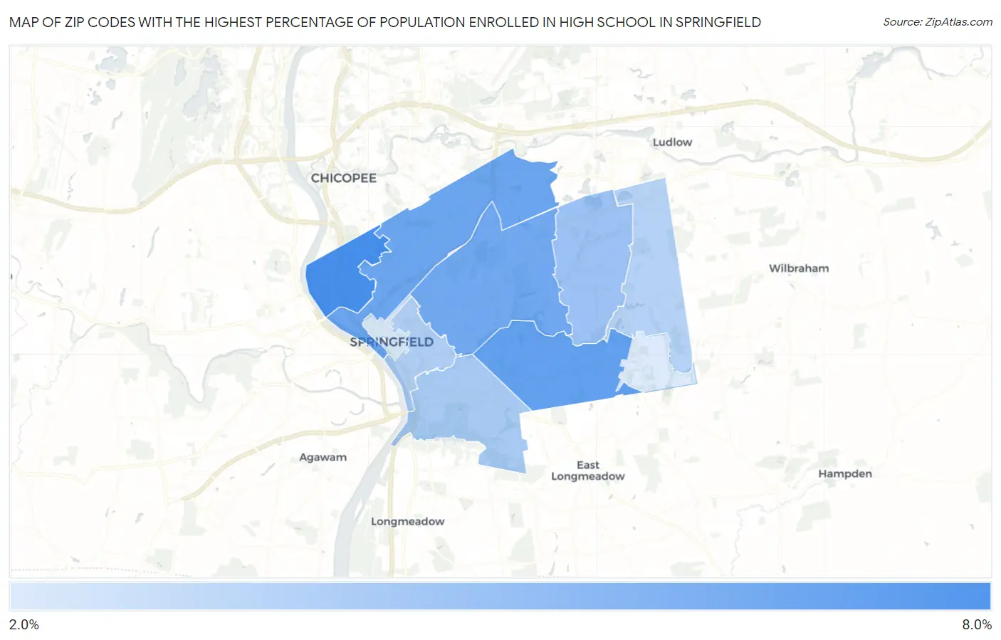 Zip Codes with the Highest Percentage of Population Enrolled in High School in Springfield Map